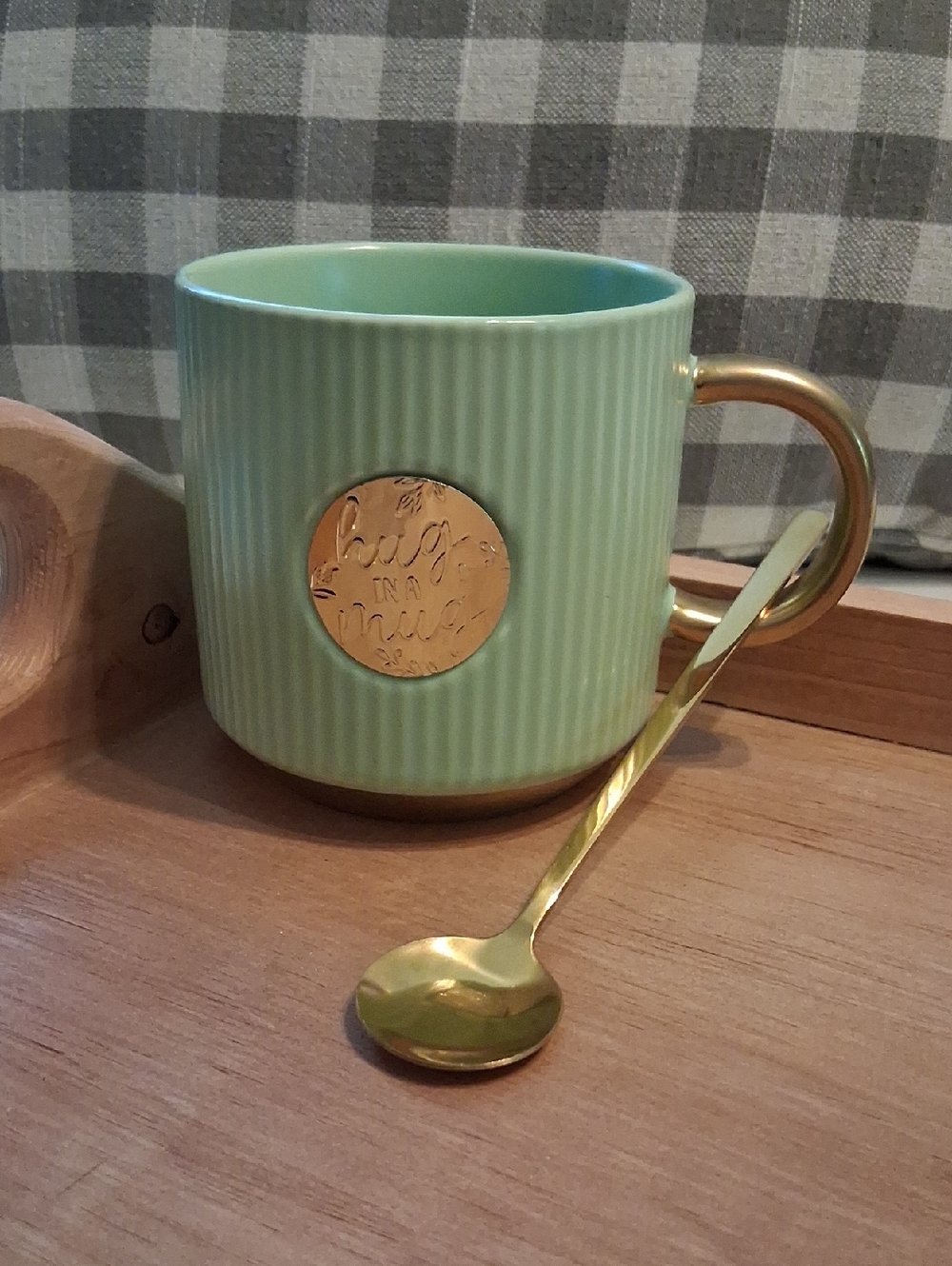 Mint Green Ribbed Ceramic Mug with Gold Accents
